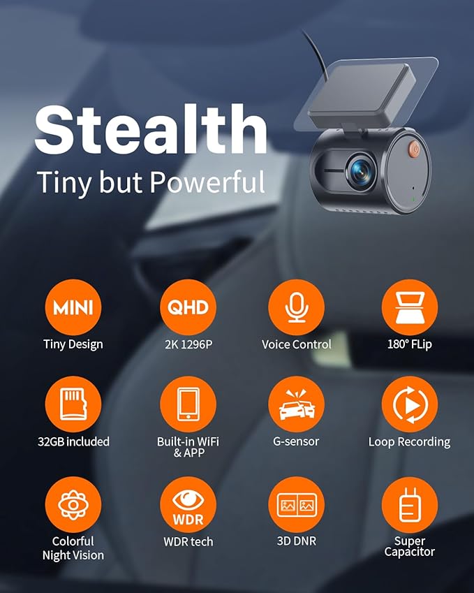 2K Tiny Dash Cam, 1296P QHD Mini Car Camera DashCam - Voice Control, G -Sensor, Free 32GB TF Card, Built-in WiFi, APP Control, WDR/3D DNR with Super Night Vision, 24H Parking Mode