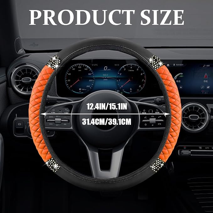 Bling Soft Leather Steering Wheel Cover, Steering Wheel Protector, 15 Inch Rhinestones Car Elastic Protector with Crystal Diamond for Women Girls, Car Accessory for Vehicles (Orange)