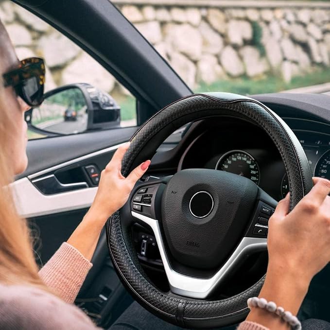 Microfiber Leather Steering Wheel Cover Anti-Slip Matte Finish Auto Car Wheel Cover Universal 15 Inch Wheel Cover for Car Embossing Pattern Black Line