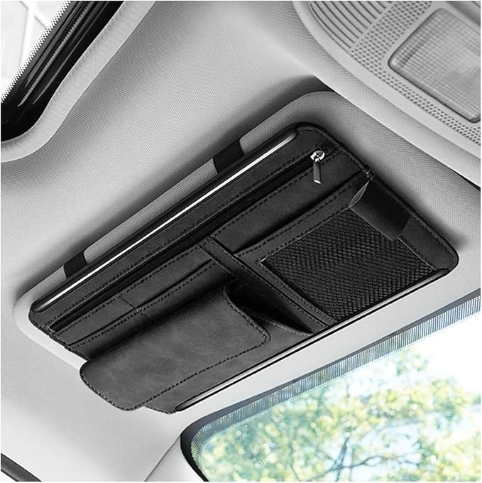 Car Sun Visor Organizer, Multi-Pocket Vehicle Sun Visor Storage Pouch with Sunglasses Box, Auto Interior Sunshade Eyeglasses Card Holder Organizers, Universal for SUV Sedan Truck (Black)