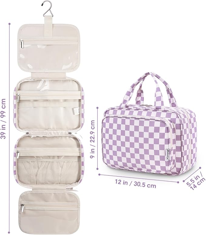 Travel Toiletry Bag for Women Large Hanging Makeup Bag Organizer Toiletries Bag for Full Size Essentials Accessories Cosmetics (Purple Checkerboard (Large))