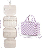 Travel Toiletry Bag for Women Large Hanging Makeup Bag Organizer Toiletries Bag for Full Size Essentials Accessories Cosmetics (Purple Checkerboard (Large))