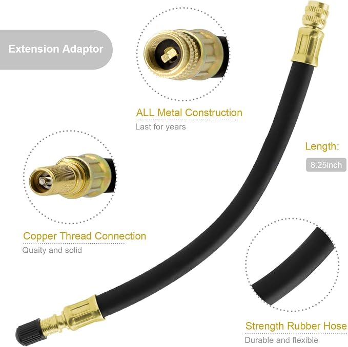 Tire Valve Extension Set, 2 Pieces 8.25 Inch Flexible Valve Stem Extension Adaptor with 2 Pieces 90 Degree Brass Tire Valve Extension Adaptor Compatible for Cars Truck Motorcycle Bike Scooter