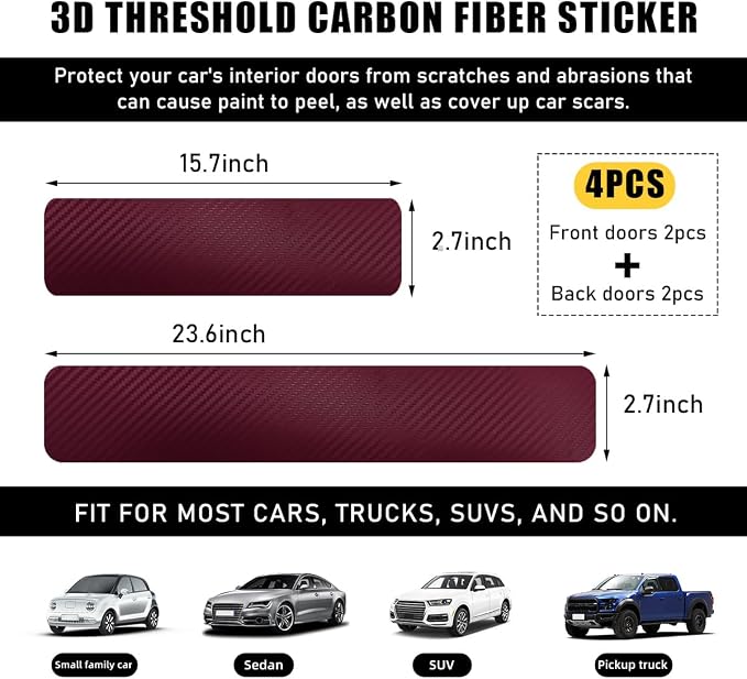 4 PCS Car Door Sill Protectors, Anti Scratch Carbon Fiber Auto Threshold Cover Strips, Decorative Door Entry Edge Scuff Sticker Universal for Most Vehicles, Car Accessories (Wine Red 3D)