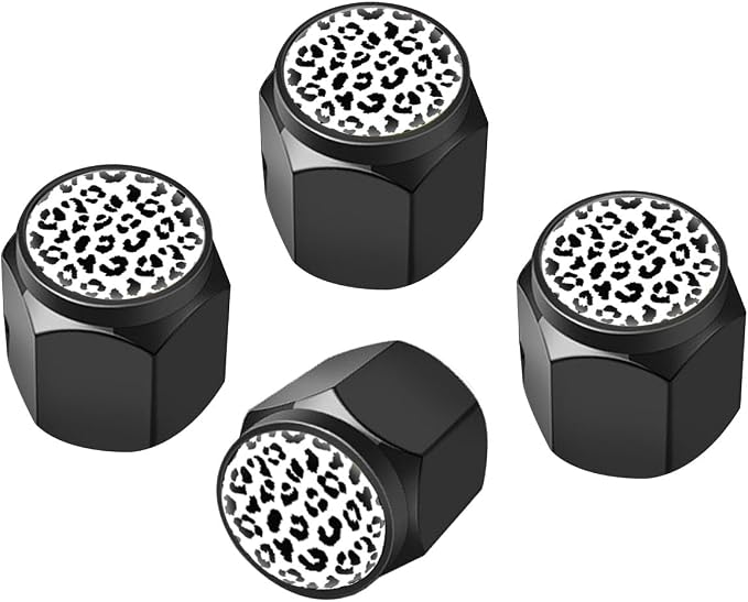 Tire Valve Stem Caps Cover,4 Pcs Metal Black Air Valve Cap, Aluminum Car Wheel Stem Caps,Universal Stem Covers for Cars,Trucks,Bikes,Bicycles, Motorcycles,Corrosion Resistant (White Leopard)