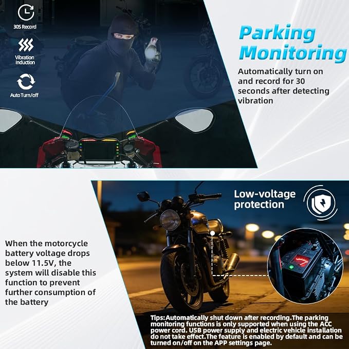 VSYSTO Dual 2K Motorcycle Dash Camera, 5G WiFi High Speed Video Download, Parking Monitoring, Starlight Night Vision Front and Rear Cameras, GPS, LED Light Wired Controller