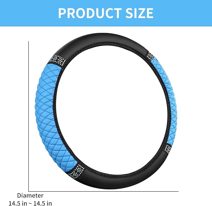 Bling Car Steering Wheel Cover, 15 Inch Rhinestones Soft Leather Elastic Steering Wheel Protector, Sparkly Crystal Diamond for Women, Car Interior Accessories for Most Cars (Blue)