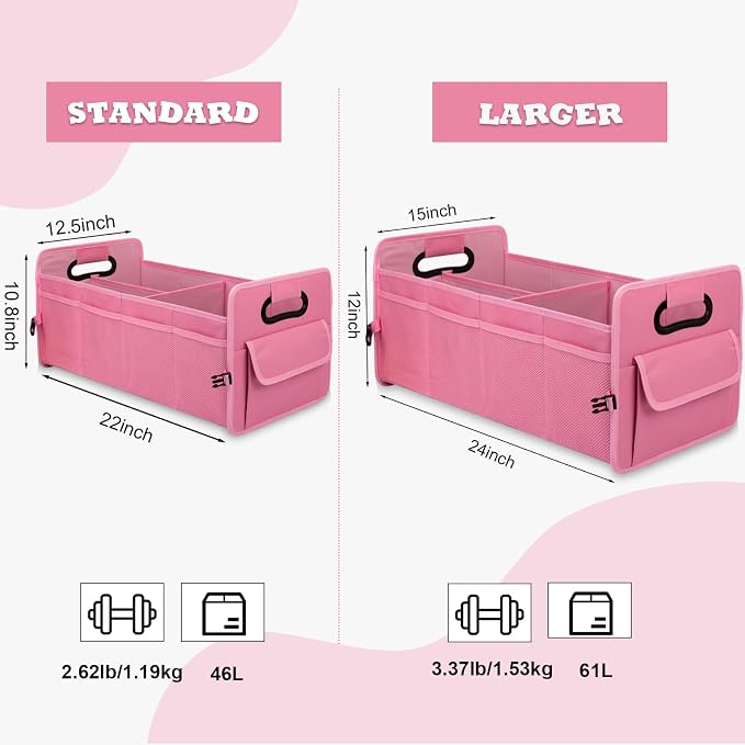Car Trunk Organizer, Car Organizers and Storage Collapsible Multi Compartment Container Box, Adjustable Car Accessories for SUV Sedan Truck, Large Size, Pink