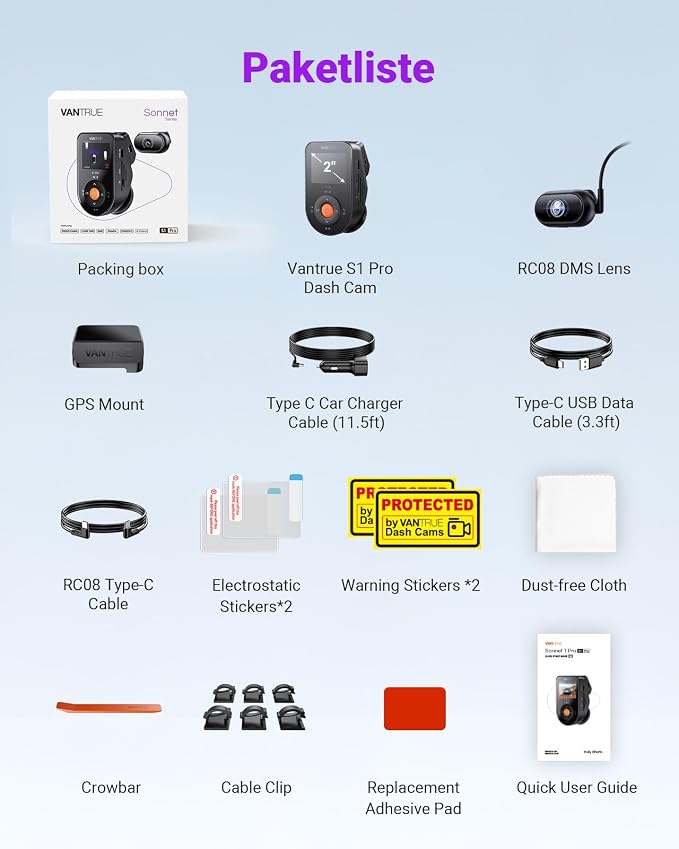 S1 Pro DMS AI Dash Cam Front and Inside, ADAS, DMS, 2.7K 2 Channel Dash Camera, STARVIS 2 Dashcam, HDR Night Vision, 5G WiF i& GPS, APP/Voice Control, 24/7 Parking Mode, 1TB Max