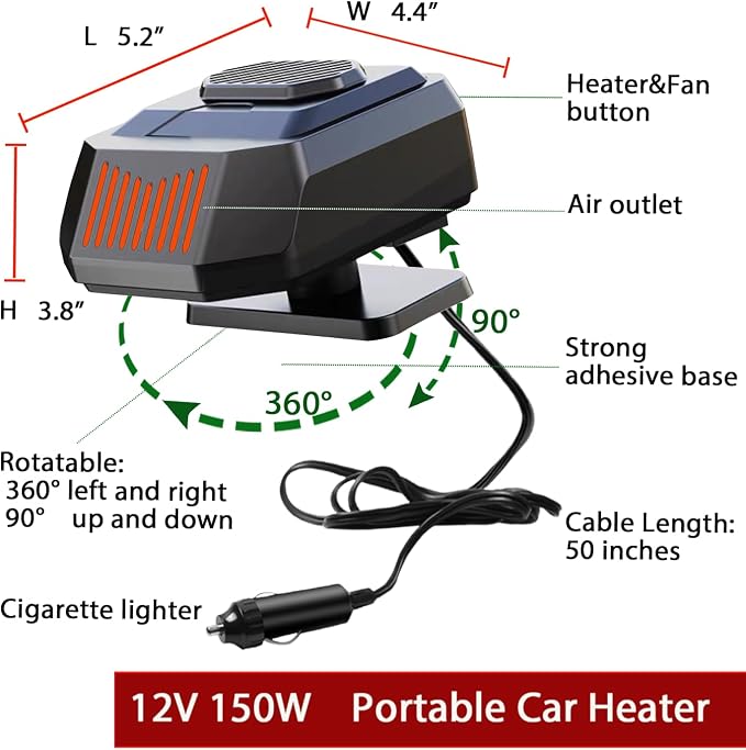 12Volt Protable Car Heater, Fast Heating, Windshield Defogger Defroster, 150W Portable Car Heater That Plugs into Cigarette Lighter