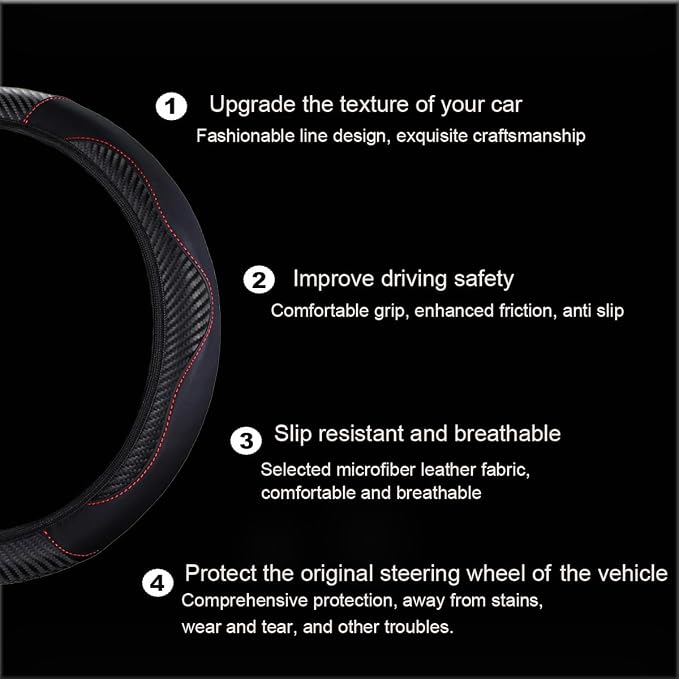 Ultra Fine Carbon Fiber Leather Steering Wheel Cover, Anti Slip and Sun Protective Protect The Steering Wheel, Easy to Install,Universal of 14.5"-15" (Black)
