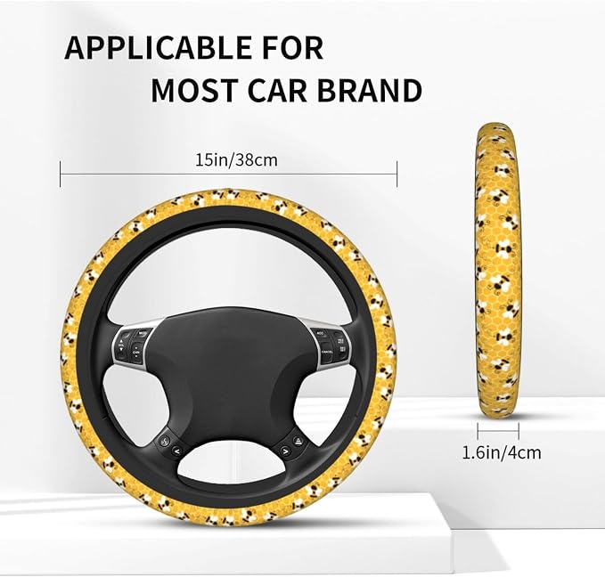 Yellow Cute Bee Insects Cartoon Steering Wheel Cover Car Accessories Cute for Women Girls Girly Universal 15 Inch Neoprene Auto Interior Decor Anti Slip Car Truck Protector