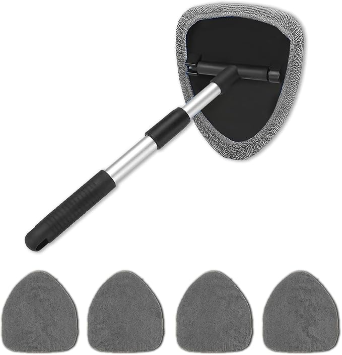 Windshield Cleaner Tool - Portable Car Interior Window Cleaning Kit with Extendable Handle, 4 Microfiber Towel Pads, Auto Glass Wiper for Windshield, Universal for RV, SUV, Truck (Gray)