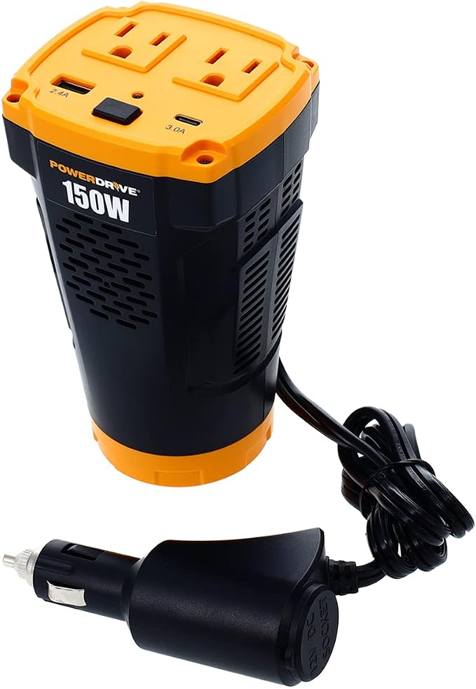 PWD150C 150W Power Inverter for Cup Holders 12v DC to 110v AC with 2 Outlets and 2 Ports