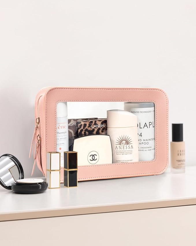 Clear Makeup Bags, TSA Approved Toiletry Bag with Zipper, Makeup Organizer for Carry-on Travel Essentials, Car Accessories Organizers Storage for Women Men (Clear-Pink)