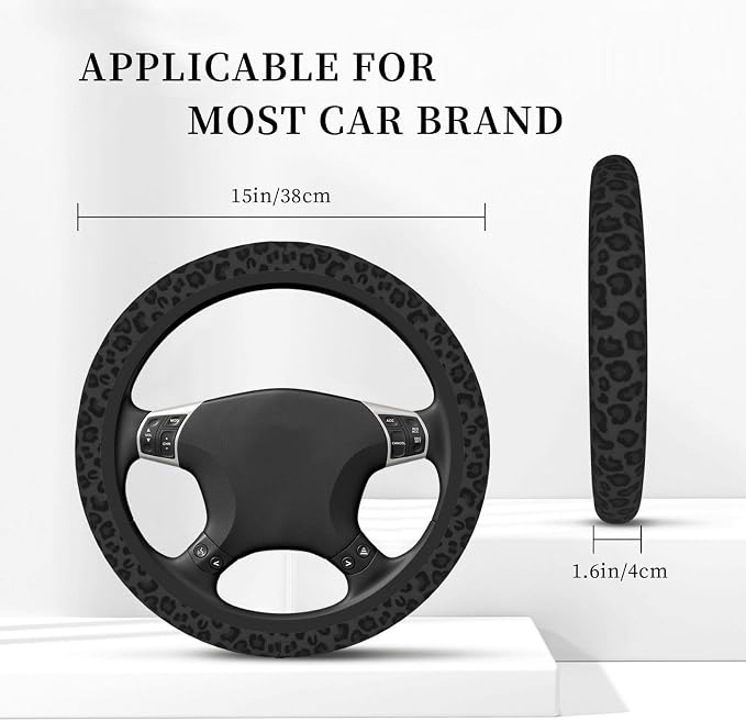 KARREAL Black Leopard Print Cheetah Elastic Steering Wheel Cover, Non-slip Breathable Neoprene Steering Wheel Covers, Women Leopard Car Accessories, Universal 15 Inch Fit Auto, Suvs, Truck
