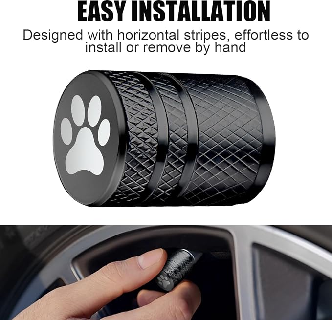 Tire Valve Stem Caps - (4 Pack) Cat Paw Print Metal Air Caps with Plastic Liner, Durable, Corrosion Resistant and Leak-Proof, Universal Fit for Cars, Trucks, Motorcycles, and Bikes - Black