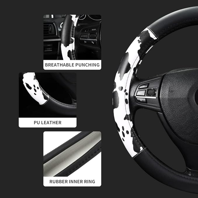 Cow Print Steering Wheel Cover, Universal 15 Inch Cute Steering Wheel Cover for Women, Breathable Anti-Slip Car Steering Wheel Protector, Fashion Auto Interior Accessories for Cars, SUVs & Trucks
