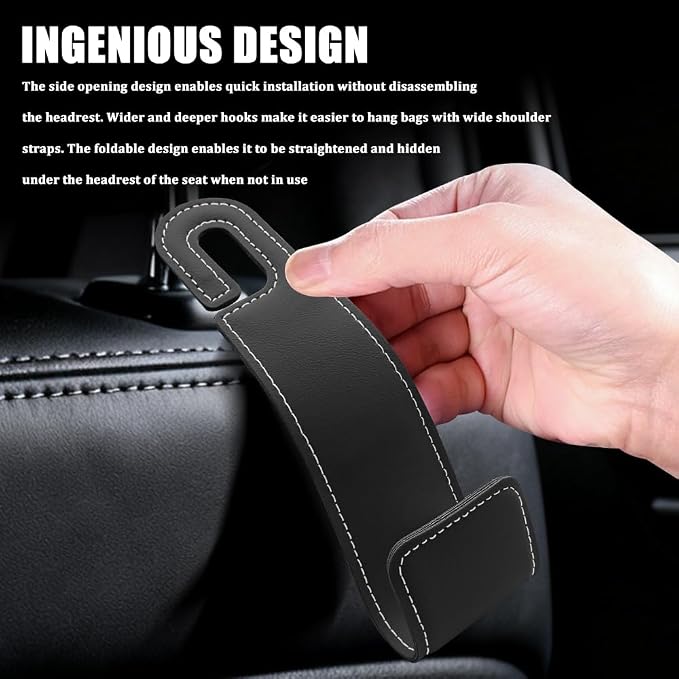 2PCS Car Seat Headrest Hooks, Purse Hook for Car, Automotive Headrest Handbags Holder, Auto Accessories Leather Seatback Organizer Hanger for Hanging Purses Bags Coats (Black, 2PCS)