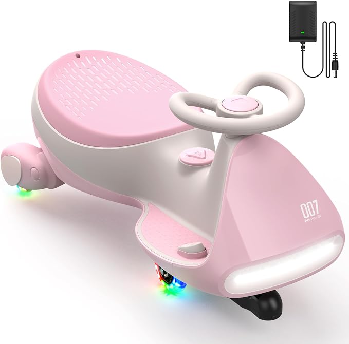 N7 Pro Electric Wiggle Car, Rechargeable Battery, CyberWiggle, 2 in 1 Swing Car, 2 Speeds Max 4 Mph, Anti-Rollover, Flashing Wheels, Bluetooth, Ages 3+, 150 Lbs,Pinkish White
