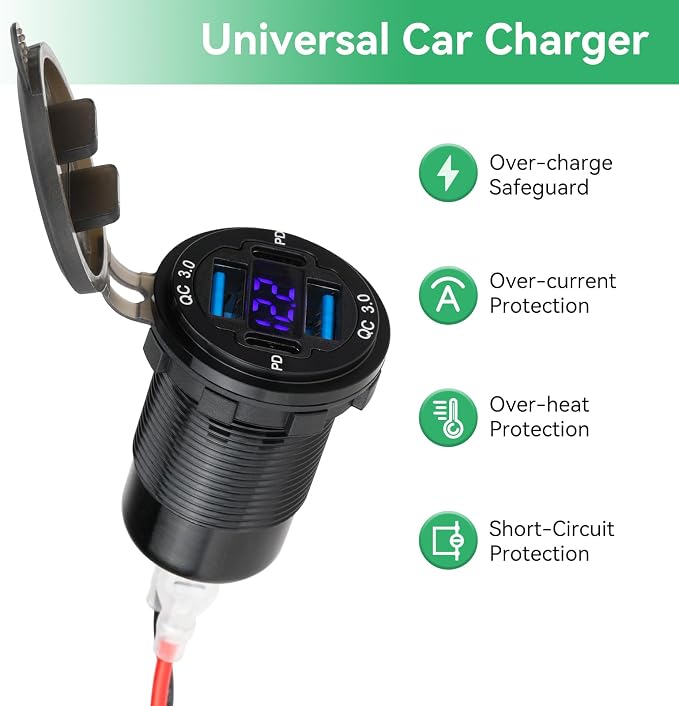 12V USB Outlet 4-Port, 78W Dual PD30W & QC3.0 Fast Charger, Waterproof Aluminum Alloy 12v Power Outlet with Blue Voltmeter for Cars RVs Boats Golf Carts Trucks Motorcycles