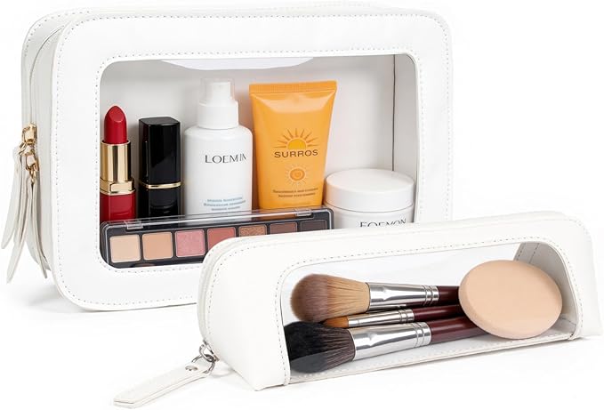 2Pack Clear Makeup Bags Set, Small Clear Makeup Bag, PU Leather Travel Makeup Brush Case Portable Transparent Waterproof Cosmetic Organizer Pouch with Zipper for Women(2Pack-White Set)