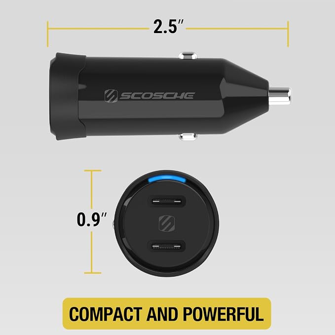 CPDCC40M PowerVolt 40W Certified Dual Port USB-C Car Charger, Flush Cigarette Lighter Adapter, Fast Charging Car Plug for 12V Power Outlet Compatible with iPhone, Galaxy and All USB-C Devices