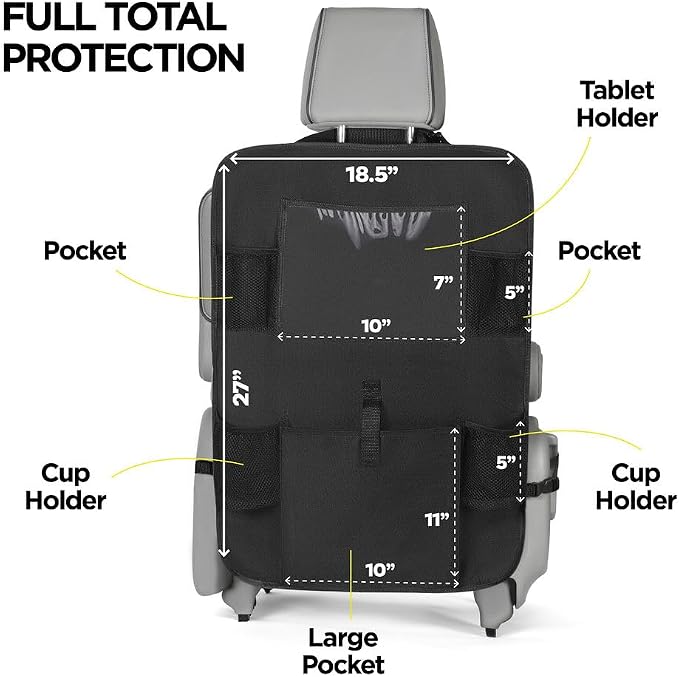 Back Seat Cover for Kids + 6 Pocket Storage Organizer, 2 Pack X-Large Kick Mats Backseat Protector with iPad Tablet Holder, Car Seat Back Protectors for Vehicles to Protect from Dirt & Mud