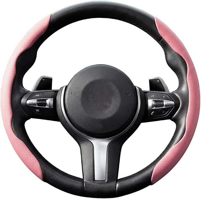 2PCS/Set Car Steering Wheel Cover, Leather Segmented Anti-Slip Automotive Wheel Protector, Soft Breathable Vehicle Steering Protection Covers, Universal Interior Accessories (Pink)
