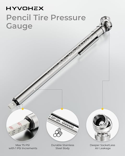 Pencil Tire Pressure Gauge 2 Pack with Valve Caps, Stainless Steel Body Tire Gauges for Tire Pressure with Deflator Valve, Metal Nozzle Tire Gauge for Cars, Pickups, RVs, Bicycles