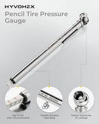 Pencil Tire Pressure Gauge 5 Pack with Valve Caps, Stainless Steel Body Tire Gauges for Tire Pressure with Deflator Valve, Metal Nozzle Tire Gauge for Cars, Pickups, RVs, Bicycles