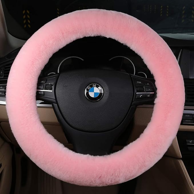 Natural Fur Wool Sheepskin car Steering Wheel Cover,Protector for Universal Steering Wheel 15 Inchs, Anti-Slip,Comforting and Luxurious, Soft Texture, Gift for Women (Korean Pink)