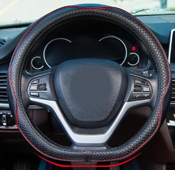 Flat Bottom Steering Wheel Cover Anti-Slip,Safety,Soft,Breathable,Durable,Full Surround,Comfortable Grip Microfiber Leather (D-Shape,Black Red)