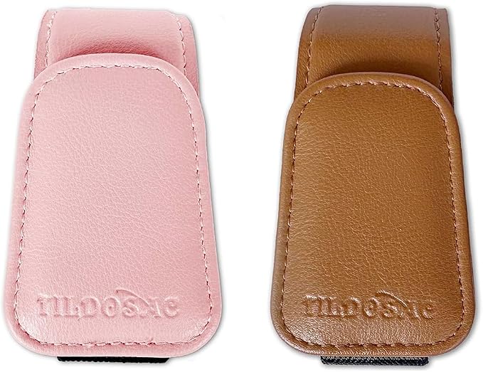 2 Pack Sunglasses Holder for Car Visor, Leather Magnetic Sunglass Holder for Car with Clip(Brown+Pink)