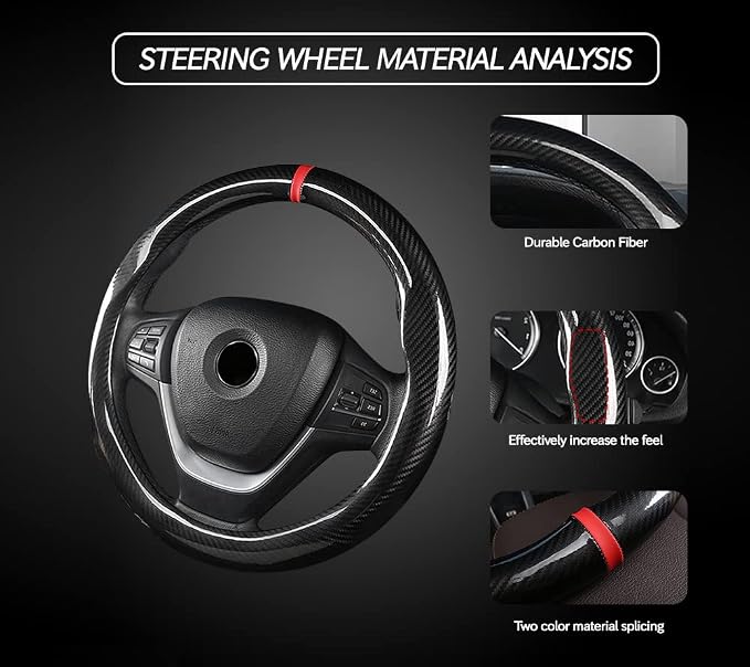 Carbon Fiber Steering Wheel Cover, Universal Standard Size 14.5-15 inch Fashion Sport Auto Car Steering Wheel Accessories for Men, Black