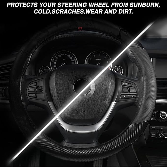 Carbon Fiber Steering Wheel Cover, Universal 15 inch Breathable Microfiber Leather Steering Wheel Covers for Men and Women, Anti Slip Car Interior Accessories, Black