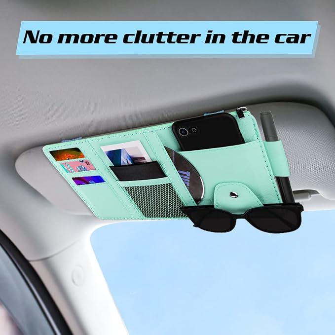 Car Sun Visor Organizer, Leather Pocket Organizer Sunglass Holder for Car Interior Accessories with Multi-Pocket Net Zipper (Blue)