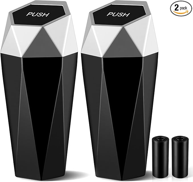 Car Trash Can with Lid, Easy to Clean, Diamond Design Small Automatic Portable Trash Can, Used in Car Home Office Interior Accessories, 2PCS(Silver)