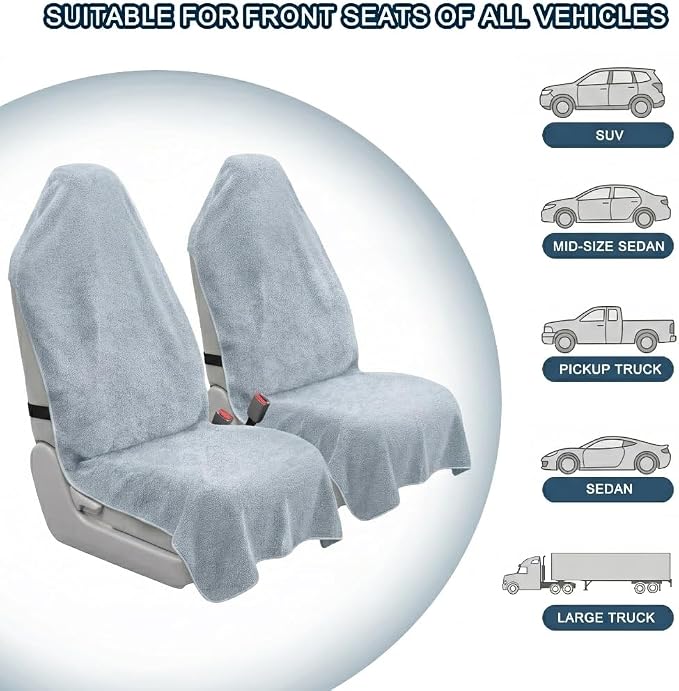 Car Seat Towel Cover, 2pcs Universal Front Seat Protector for Cars, SUVs and Trucks, Sweat Towel Car Seat Cover for Gym, Yoga, Swimming, Pets and Family Travel, Light Gray