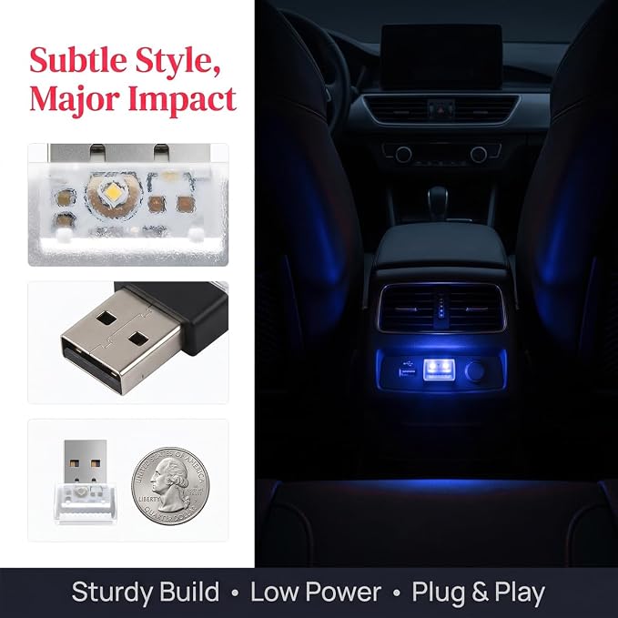 2PCS USB LED Car Interior Atmosphere Lamp, Portable Mini, Blue | 5V USB-A plug-in, soft accent glow, no wiring, decor night light, car accessories for cars, SUVs, trucks