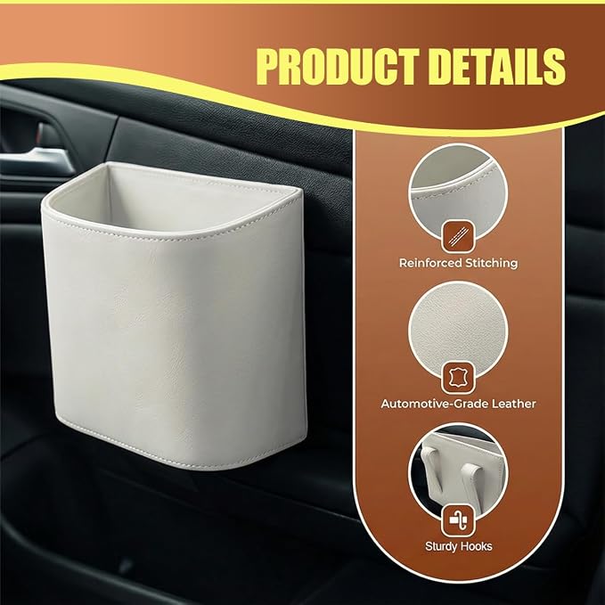 Leather Car Trash Can, Clip on Small Car Garbage Can, Waterproof Leakproof Back Seat Trash Bin, Multifunctional Vehicle Storage Organizer for Trucks, SUVs (White)