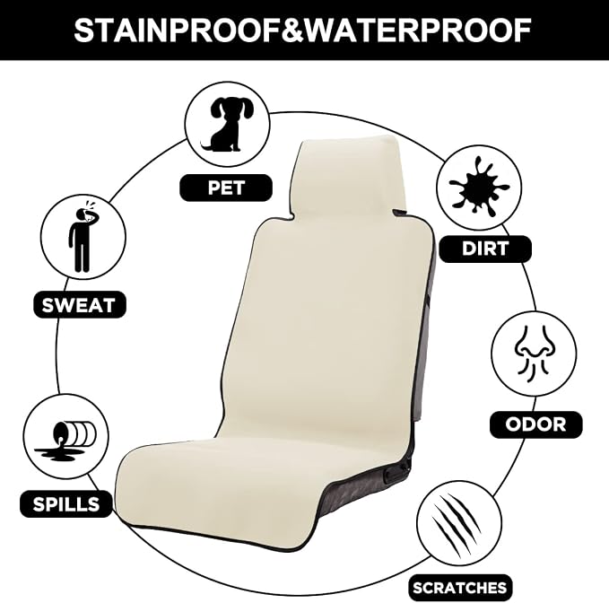 Premium Waterproof Seat Cover Towel Protector Neoprene Universal Fit, Upgraded 100% Washable & Removable Non-Slip Sweat Carseat Towel Covers, Perfect for Gym/Yoga/Workout（Beige,2PCS