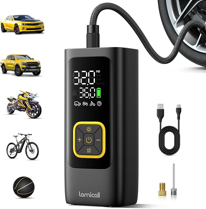 Car Tire Inflator Portable Air Compressor - [4X Faster][150 PSI] Bike Air Pump, Rechargeable Battery, Pressure Gauge Display, LED Light, Automatic Car Cordless Pump for Motorcycle, Bike, Ball