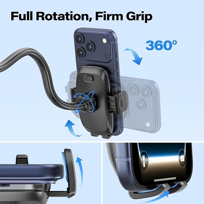 14'' Gooseneck Car Phone Holder,Heavy Duty Phone Holder for Truck, [Flexibile Long Arm] [Anti Shake stabilizer] Windshield Car Phone Mount Suction Cup,Fit for iPhone, Samsung (Black Plaid)