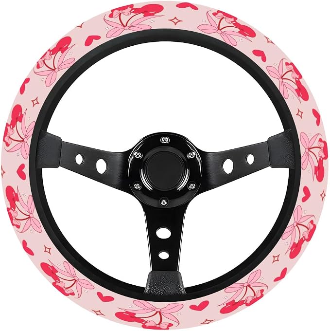 Pink Cartoon Mouse Steering Wheel Cover, Non Slip Polyester Car Wheel Protector for Car SUV Truck, Universal 15 Inch