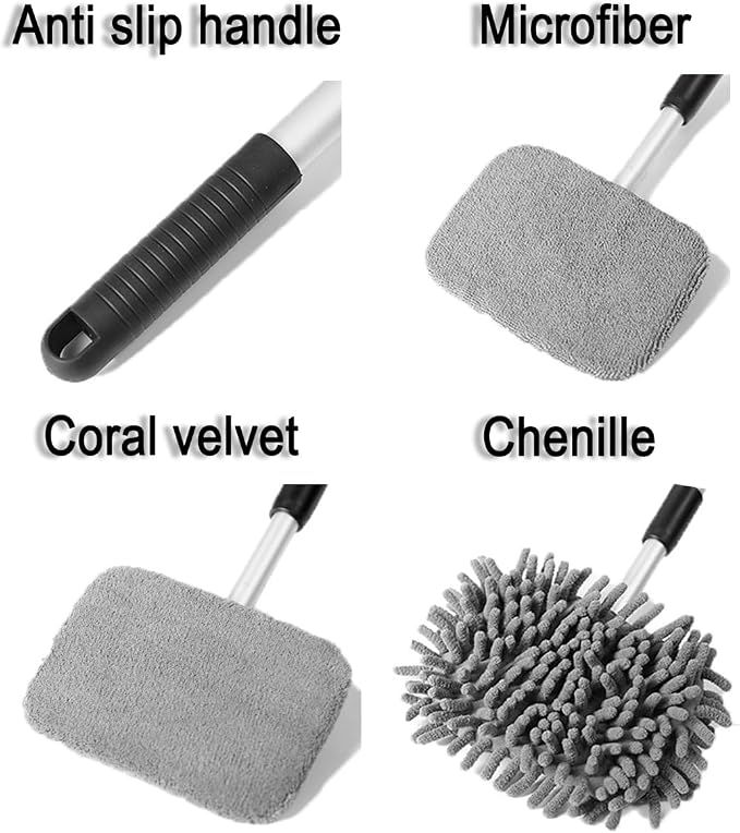 Car Windshield Cleaner Tool, Vehicle Window Cleaner with Extendable Handle & 3 Reusable and Washable Pads, Auto Glass Wash Brush Accessories, Universal for SUV RV Truck (Rectangular)