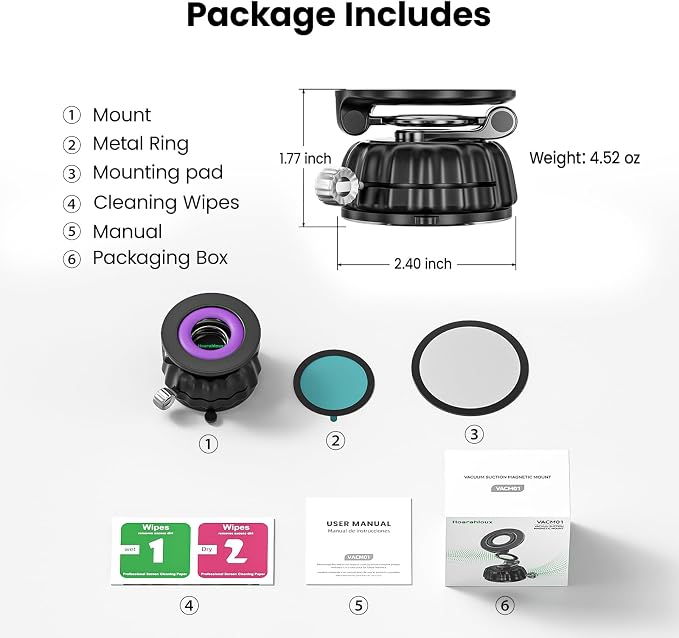 Stable Magnetic Vacuum Suction Cup Phone Holder for Car, Foldable Hands-Free Phone Mount for Dashboard and Windshield, Fit for iPhone & Android Phones, 360° Rotation, Convenient for Calls (Purple)