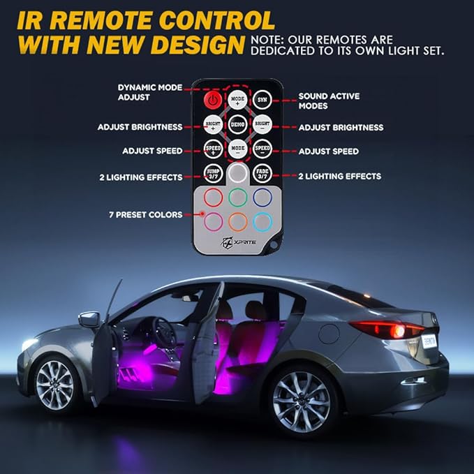 RGB LED Car Interior Bluetooth USB Light Strip, w/Wireless Remote and APP Control,4 PCS Under Dash Footwell Ambient Lights Kits, DIY Music Mode Universal for Vehicle Internal, SUV, Trucks