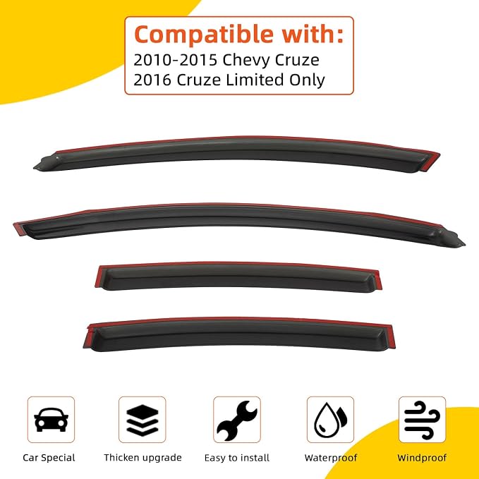 Rain Guards Compatible with 2010-2015 Chevy Cruze, for 2016 Chevy Cruze Limited Tape-On Side Window Visor Wind Deflector Vent Visors Car Accessories 4pcs