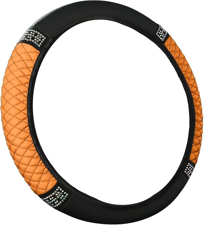 Bling Car Steering Wheel Cover, 15 Inch Rhinestones Soft Leather Elastic Steering Wheel Protector, Sparkly Crystal Diamond for Women, Car Interior Accessories for Most Cars (Orange)